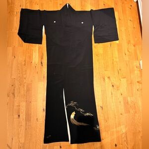 Japanese Kimono Black with Embroidered Turtle and Garden Motif Antique JP